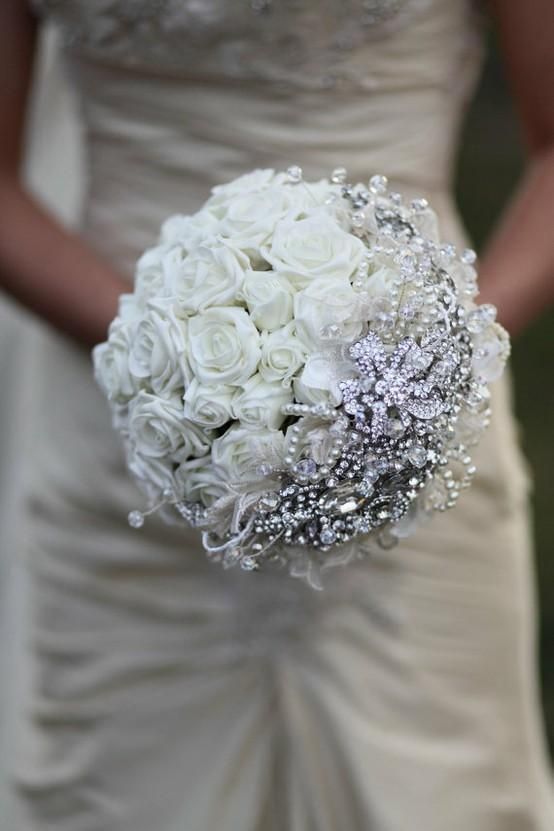 diamond - 152430-Gorgeous-White-Rose-Embellished-With-Diamond-Brooch-Bouquet